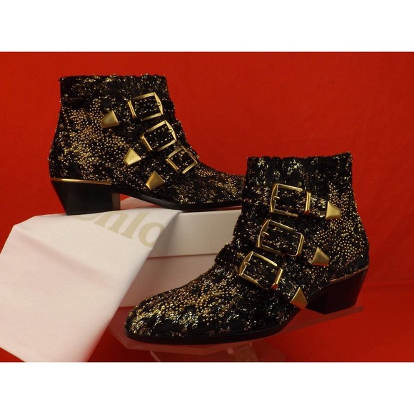 CHLOE SUSANNA BLACK VELVET GOLD STUDS BUCKLES MOTORCYCLE ANKLE BOOTS 40.5 10.5 - Picture 2 of 12